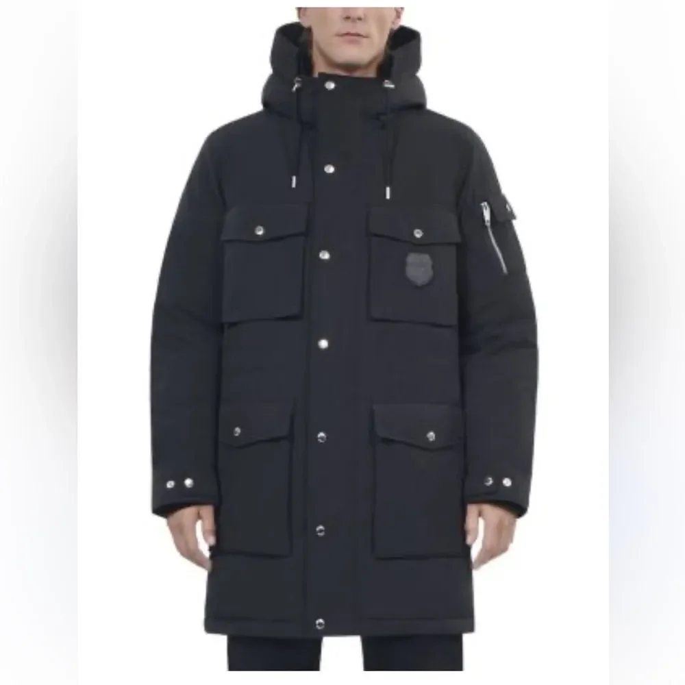 $985 The Kooples The Kooples Logo-Patch Hooded Woven Parka - Black MEN’S Medium